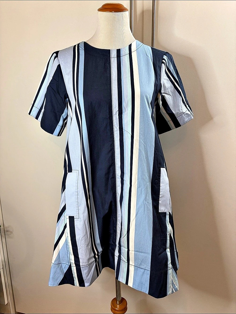 Maeve 100% Cotton Striped Mini Dress in Blue & White w Pockets Size XXS